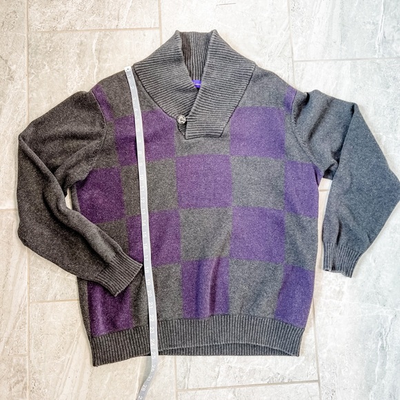 Alan Flusser Gray and Purple Checkered Long Sleeve Sweater Cowl Neck Collar Med - Picture 5 of 8